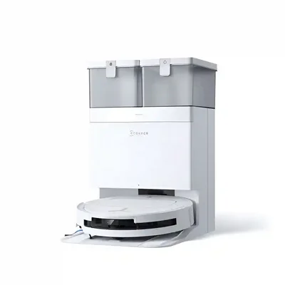 نمای سهرخ داک T50 Pro Omni با جارو متصل جارو Ecovacs T50 Pro Omni داخل ایستگاه از زاویه راست