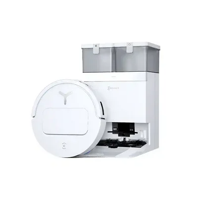 نمای اصلی اکووکس T50 Pro Omni و ایستگاه سفید جارو رباتیک Ecovacs T50 Pro Omni سفید همراه داک دو مخزنه