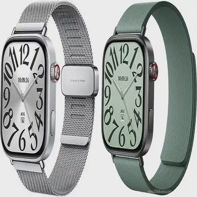 ساعت هوشمند شیائومی مدل Redmi Watch 6 با دو نسخه بند و واچفیس عقربهای ساعت هوشمند شیائومی مدل Redmi Watch 6 در گالری اول با بند فلزی نقرهای و بند سبز
