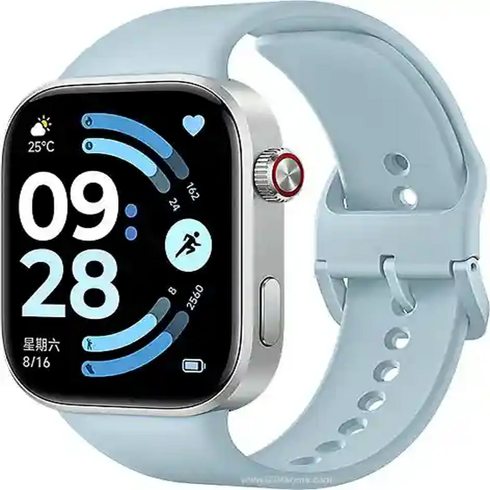 ساعت هوشمند شیائومی مدل Redmi Watch 6 نقرهای با واچفیس آبی 09:28 ساعت هوشمند شیائومی مدل Redmi Watch 6 در گالری دوم با بند آبی روشن