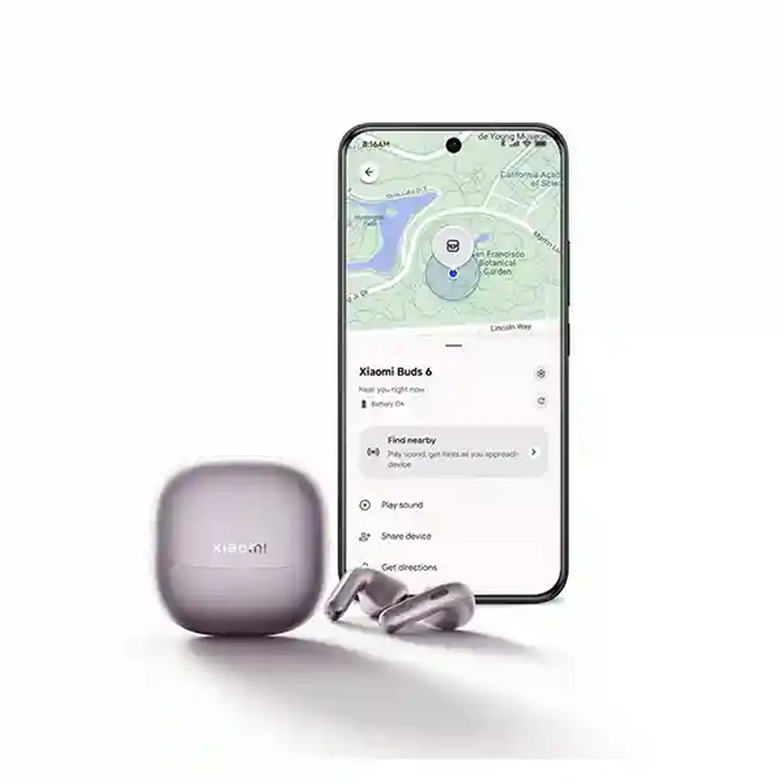هندزفری بلوتوثی شیائومی مدل Xiaomi Buds 6 در گالری سوم کنار گوشی با نقشه Find nearby
