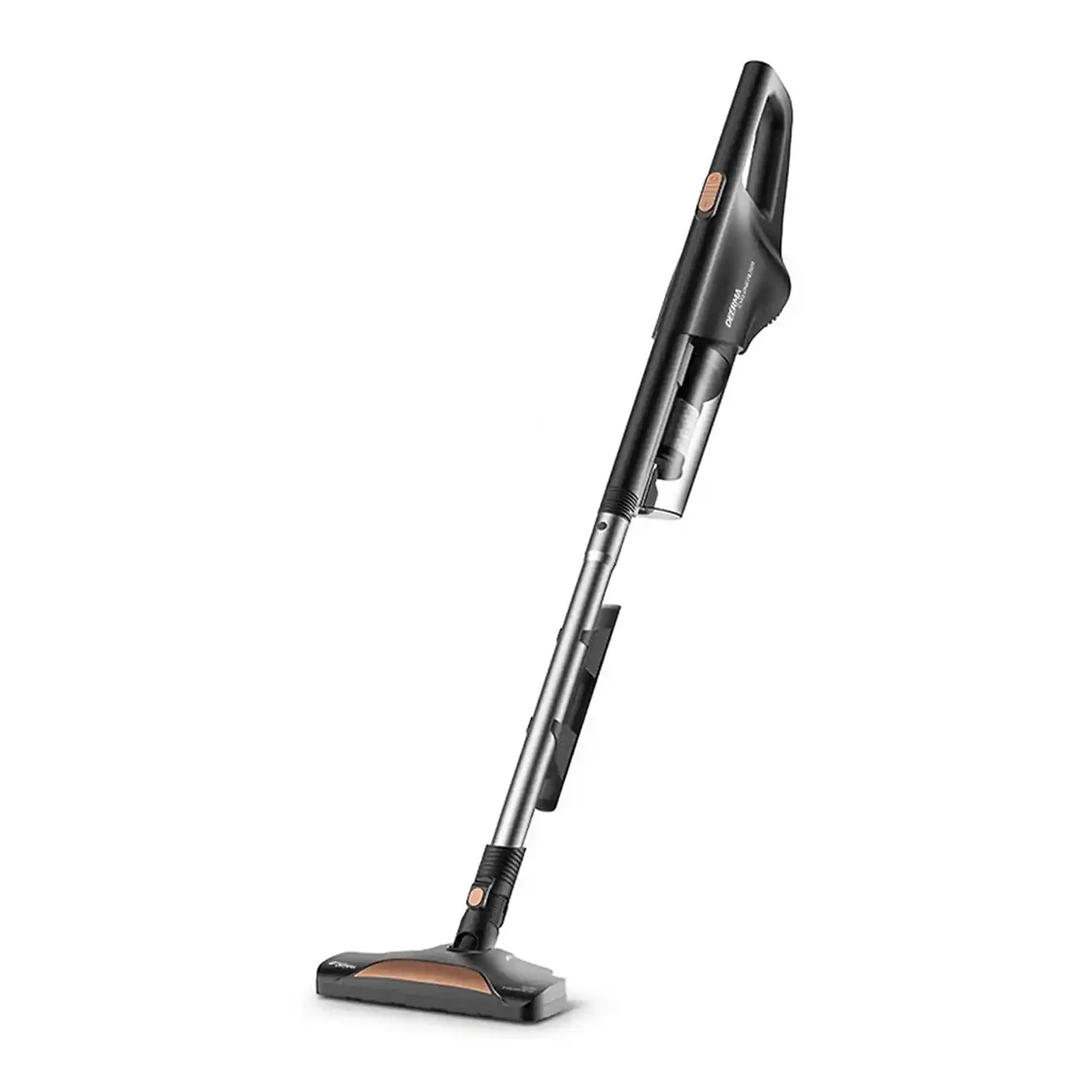 نمای اصلی جارو Deerma DX600 با لوله فلزی جارو برقی عصایی Deerma DX600 مشکی و مسی از نمای سهرخ