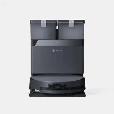 مجموعه مستقیم X8 Pro Omni با دو مخزن بالایی نمای روبهروی Ecovacs X8 Pro Omni پارکشده در داک