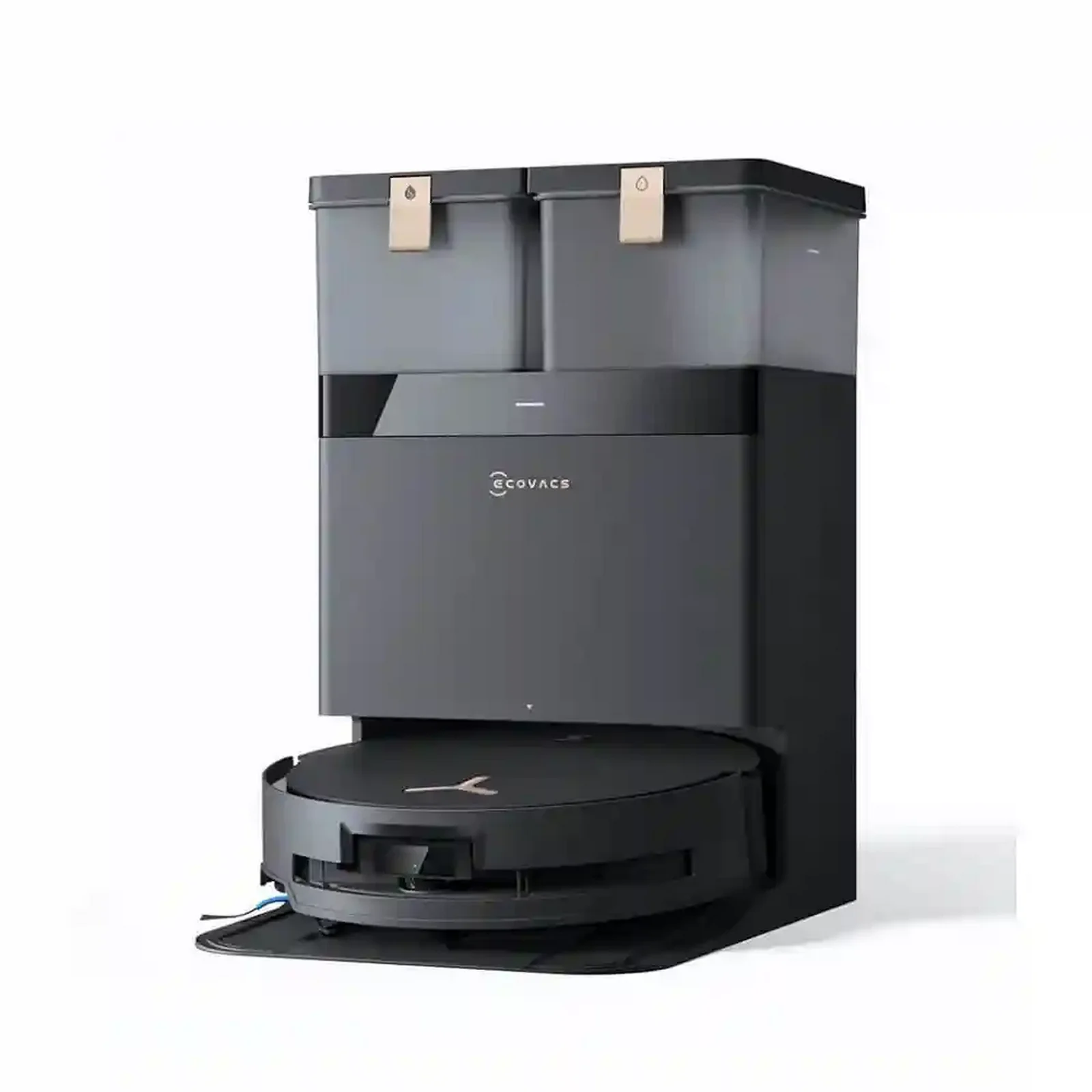 نمای اصلی Ecovacs X8 Pro Omni با داک مشکی جارو رباتیک Ecovacs X8 Pro Omni مشکی داخل ایستگاه از نمای سهرخ