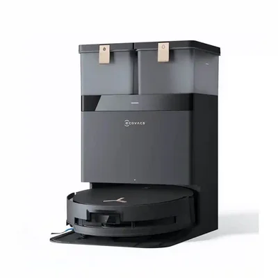 نمای اصلی Ecovacs X8 Pro Omni با داک مشکی جارو رباتیک Ecovacs X8 Pro Omni مشکی داخل ایستگاه از نمای سهرخ