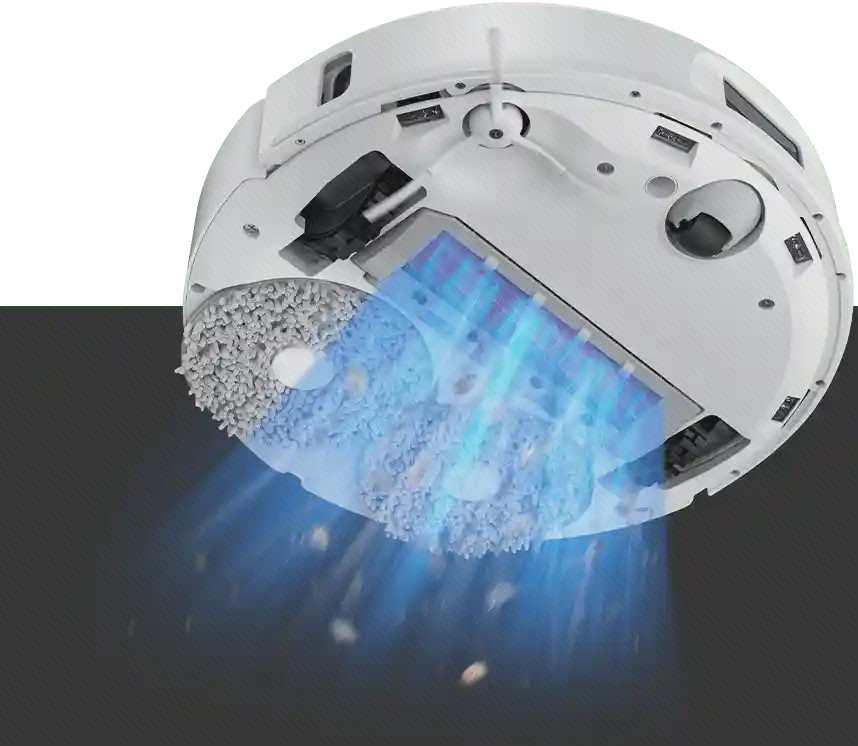 پوستر جریان مکش زیر Roborock Qrevo S نمای مایل زیر Qrevo S سفید با دو پد خاکستری و طرح جریان آبی از محفظه برس