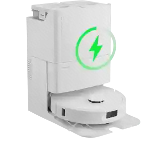 پوستر شارژ جارو Roborock Qrevo S در داک Qrevo S سفید داخل داک با نماد سبز صاعقه روی بدنه ایستگاه