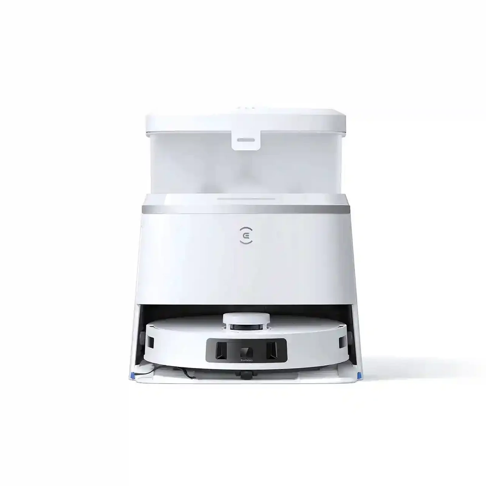 نمای اصلی اکووکس T30 Pro Omni سفید با ایستگاه همهکاره جارو رباتیک Ecovacs T30 Pro Omni سفید داخل داک شستشو