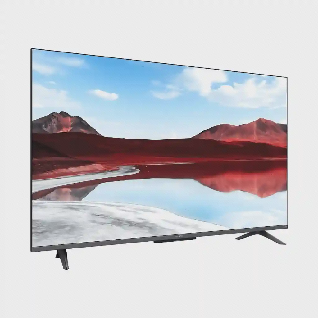 قاب باریک و پایههای تلویزیون شیائومی A Pro 55 نمای سهرخ تلویزیون Xiaomi TV A Pro 55 اینچ از سمت چپ