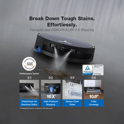 جارو رباتیک اکووکس مدل X12 Pro Omni با نمای بالایی ربات و برس جانبی جارو رباتیک اکووکس مدل X12 Pro Omni از بالا با بدنه گرد مشکی و برس کناری