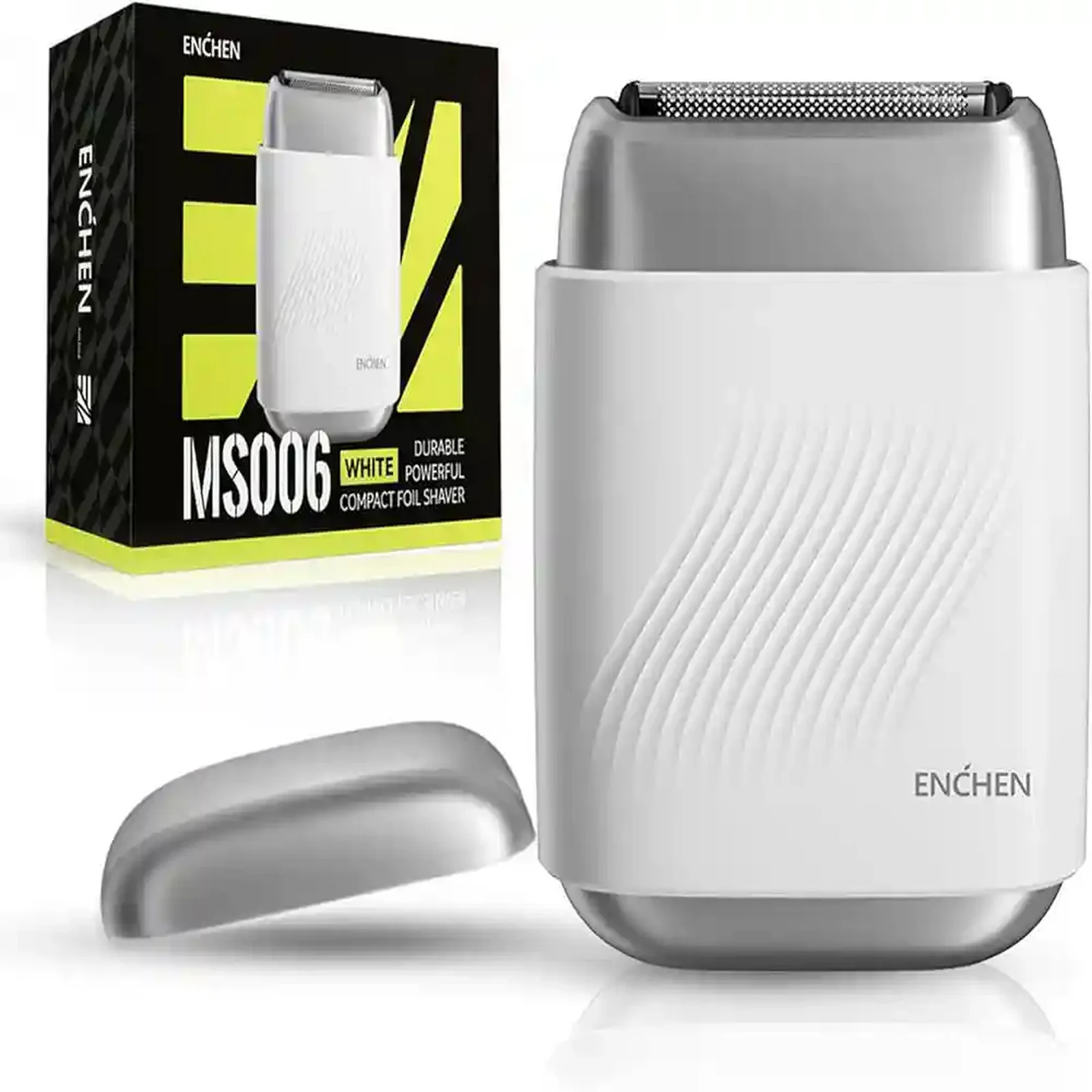 نمای اصلی ریش تراش سه تیغ ENCHEN MS006 سفید مینی ریش تراش سفید ENCHEN MS006 کنار درپوش نقره ای و جعبه محصول