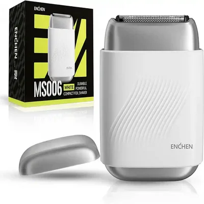 نمای اصلی ریش تراش سه تیغ ENCHEN MS006 سفید مینی ریش تراش سفید ENCHEN MS006 کنار درپوش نقره ای و جعبه محصول