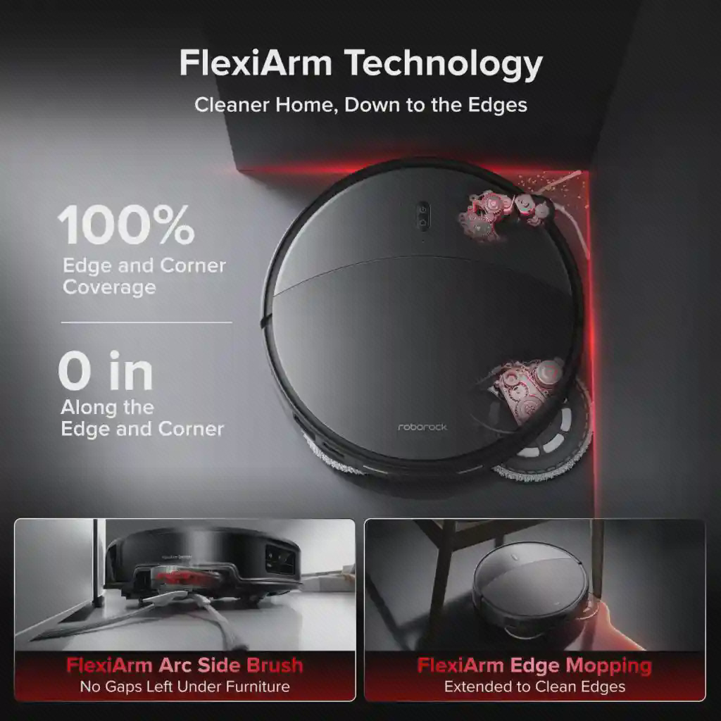 پوستر برس و تی FlexiArm جارو Roborock Saros 20 پوستر FlexiArm جارو Roborock Saros 20 با نمای بالای بدنه مشکی و تصاویر برس و تی کناری