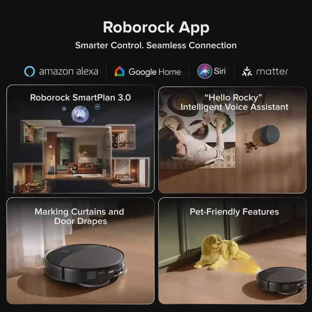 پوستر برنامه و دستیارهای Roborock Saros 20 پوستر برنامه Roborock Saros 20 با نمادهای دستیارها و چهار تصویر خانه، گربه و جارو