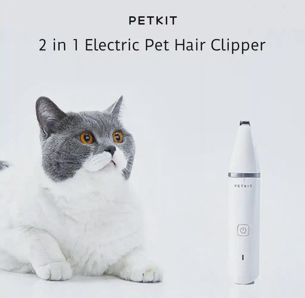 نمای ماشین اصلاح حیوانات PETKIT PK401 ماشین اصلاح سفید PETKIT PK401 کنار گربه زیر عنوان 2 in 1 Electric Pet Hair Clipper
