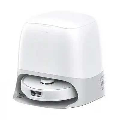 جارو رباتیک Roborock Qrevo Curv سفید داخل ایستگاه شارژ