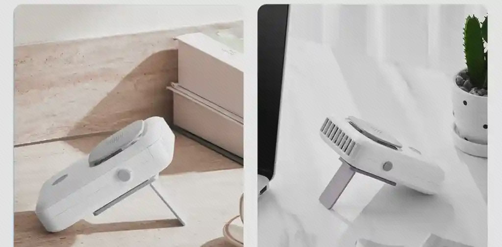 پایه رومیزی پنکه Chao YC-SSFS01 دو نمای پنکه سفید Chao YC-SSFS01 روی پایه بازشده در کنار میز