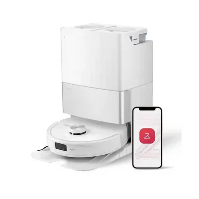 کنترل جارو رباتیک Qrevo Master سفید با اپلیکیشن Roborock Qrevo Master سفید کنار گوشی با اپلیکیشن Roborock
