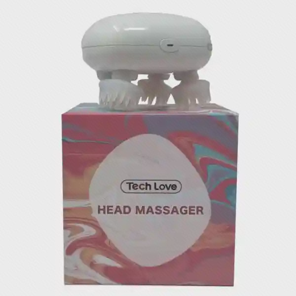 بستهبندی ماساژور سر TechLove TL2005 ماساژور سر سفید TechLove TL2005 روی جعبه رنگی با نوشته Head Massager