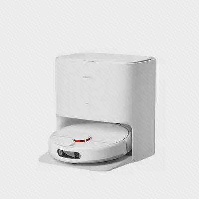 نمای سه رخ شیائومی X20 و ایستگاه سفید جارو رباتیک Xiaomi X20 سفید در حال خروج از داک از زاویه سه رخ