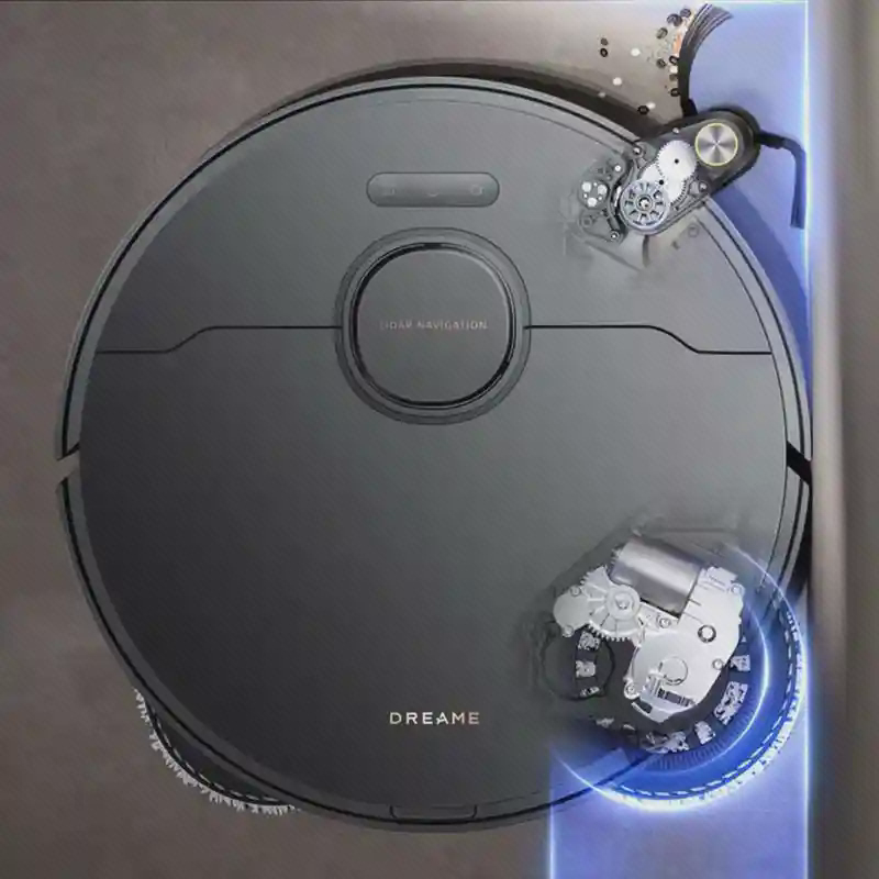 نمودار نظافت لبه با Dreame X40 Ultra نمای بالای جارو Dreame X40 Ultra مشکی با نمودار برس و پد تی در کنار دیوار
