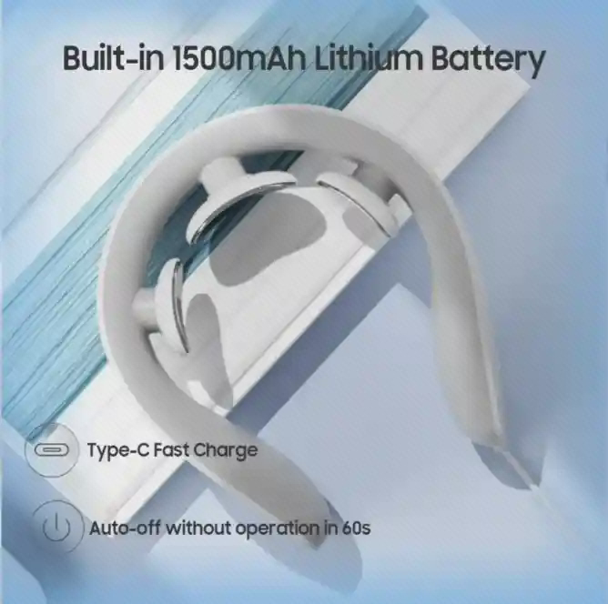 پوستر باتری و شارژ ماساژور Jeeback G20 ماساژور سفید Jeeback G20 با عبارت 1500mAh و توضیح شارژ Type-C روی پسزمینه آبی