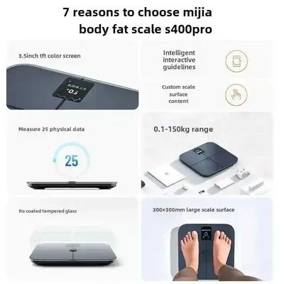 ویژگی های ترازو ترکیب بدنی Xiaomi S400 Pro اینفوگرافیک هفت ویژگی ترازو هوشمند شیائومی S400 Pro و سطح ۳۰ در ۳۰ سانتی متر