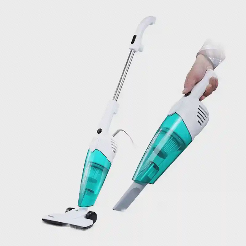 دو حالت استفاده از جارو Deerma DX118C جاروی Deerma DX118C سفید و سبز در دو شکل ایستاده و دستی روی زمینه سفید