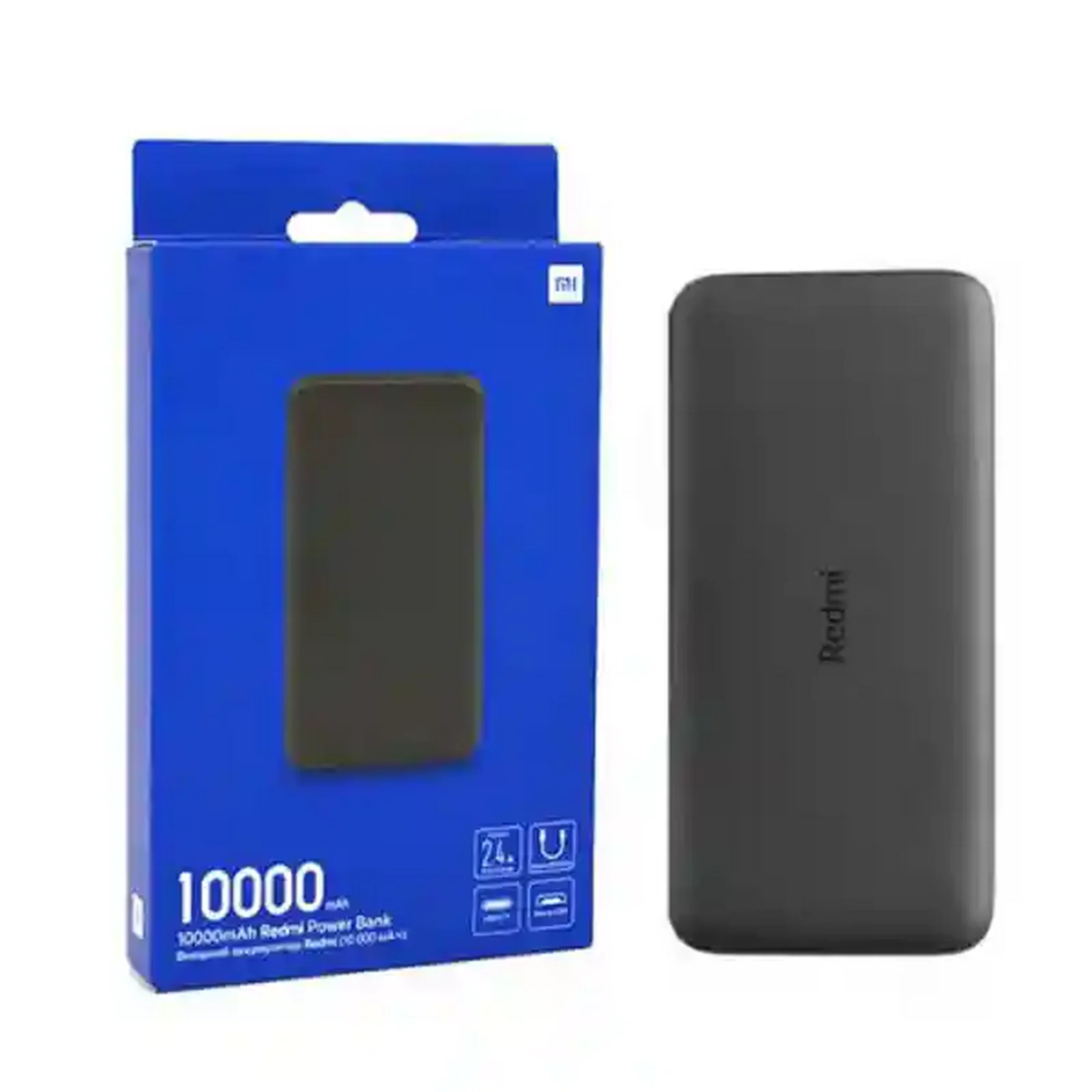 نمای اصلی پاوربانک Redmi PB100LZM ظرفیت ۱۰۰۰۰ میلیآمپرساعت پاوربانک مشکی ۱۰۰۰۰ شیائومی Redmi PB100LZM کنار جعبه آبی