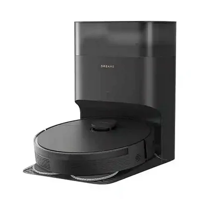 نسخه مشکی Dreame L10S Plus با ایستگاه خودکار جارو رباتیک مشکی Dreame L10S Plus کنار داک تخلیه مشکی