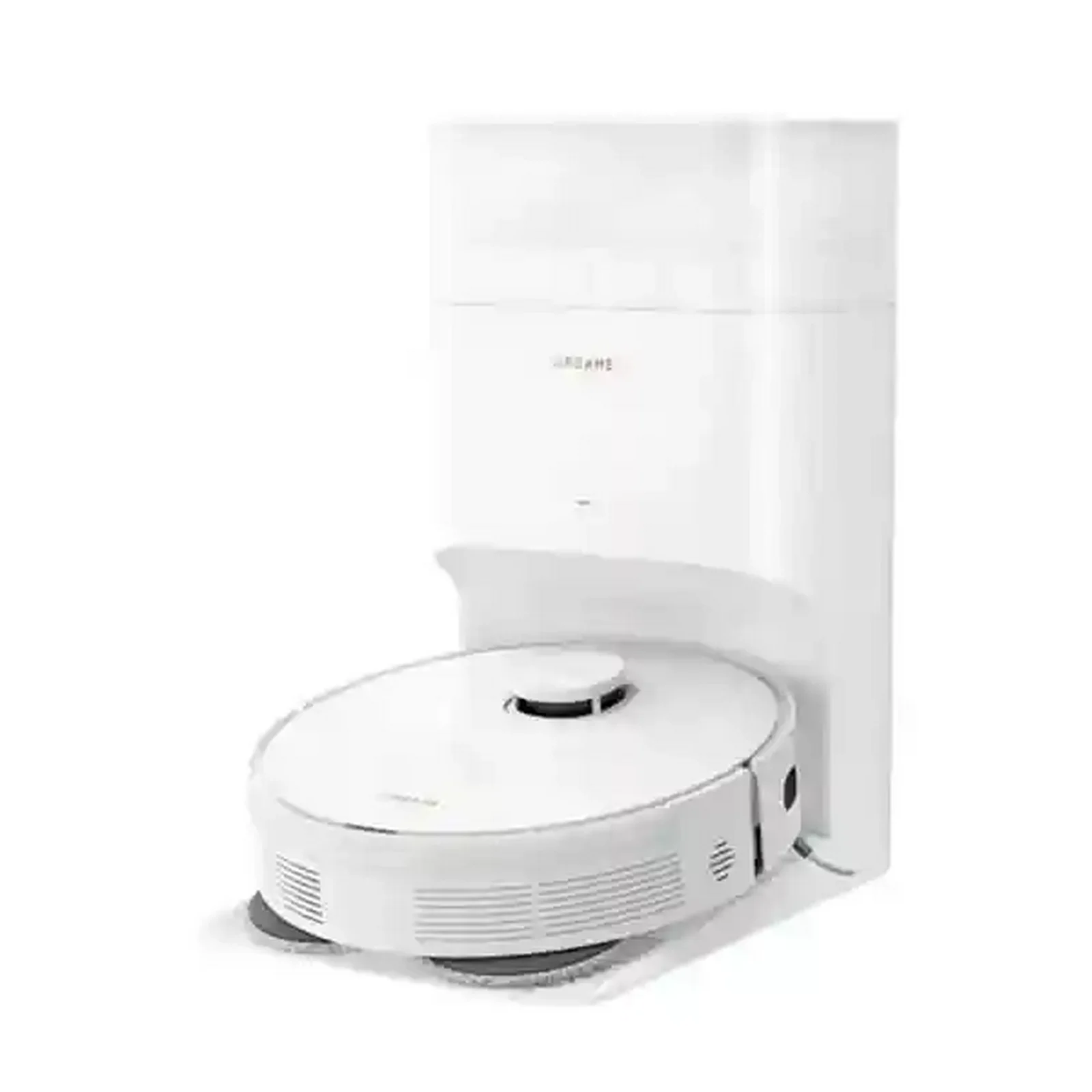 Dreame L10S Plus سفید همراه داک از نمای سهرخ جارو رباتیک سفید Dreame L10S Plus با ایستگاه تخلیه خودکار
