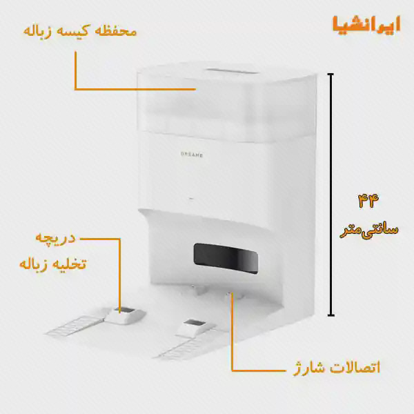 نمودار ایستگاه تخلیه Dreame L10s Plus ایستگاه سفید Dreame L10s Plus با برچسب محفظه کیسه، دریچه تخلیه و اتصال شارژ
