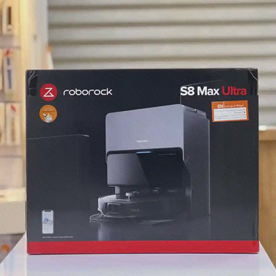 بستهبندی Roborock S8 Max Ultra جعبه مشکی جارو رباتیک Roborock S8 Max Ultra با تصویر دستگاه و داک