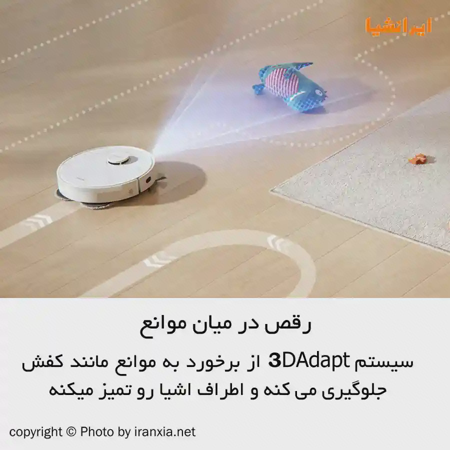 نمودار تشخیص مانع جارو L10s Plus پوستر تشخیص مانع Dreame L10s Plus با جارو سفید، ناحیه آبی اسکن و اجسام روی کف اتاق