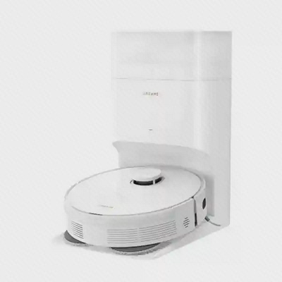Dreame L10S Plus سفید همراه داک از نمای سهرخ جارو رباتیک سفید Dreame L10S Plus با ایستگاه تخلیه خودکار