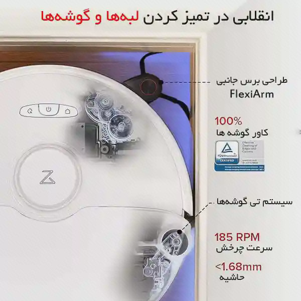 پوستر برس و پد کناری S8 Max Ultra نمای بالای S8 Max Ultra نزدیک گوشه دیوار با برس جانبی و پد کناری بزرگشده در پوستر