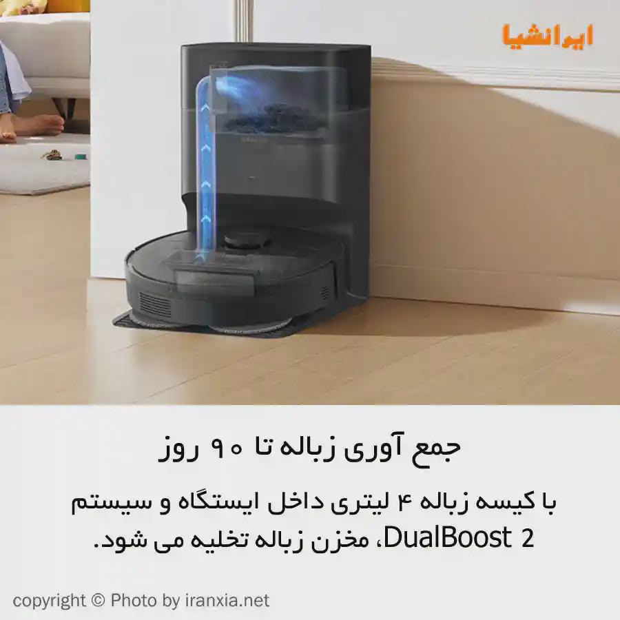 نمودار مسیر تخلیه زباله L10s Plus پوستر تخلیه زباله Dreame L10s Plus با جارو و ایستگاه مشکی و مسیر آبی انتقال درون ایستگاه