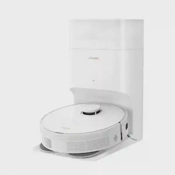 Dreame L10S Plus سفید همراه داک از نمای سهرخ جارو رباتیک سفید Dreame L10S Plus با ایستگاه تخلیه خودکار