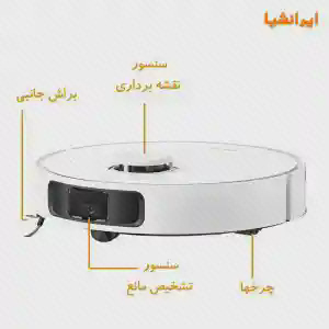 نمودار اجزای بدنه Dreame L10s Plus نمای کنار جارو سفید Dreame L10s Plus با برچسب برجک، حسگرها و چرخها