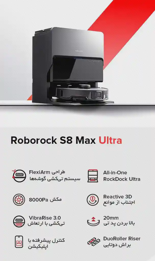پوستر جارو و ایستگاه Roborock S8 Max Ultra پوستر Roborock S8 Max Ultra با جارو و ایستگاه مشکی، نوار قرمز و نمادهای معرفی قابلیتها