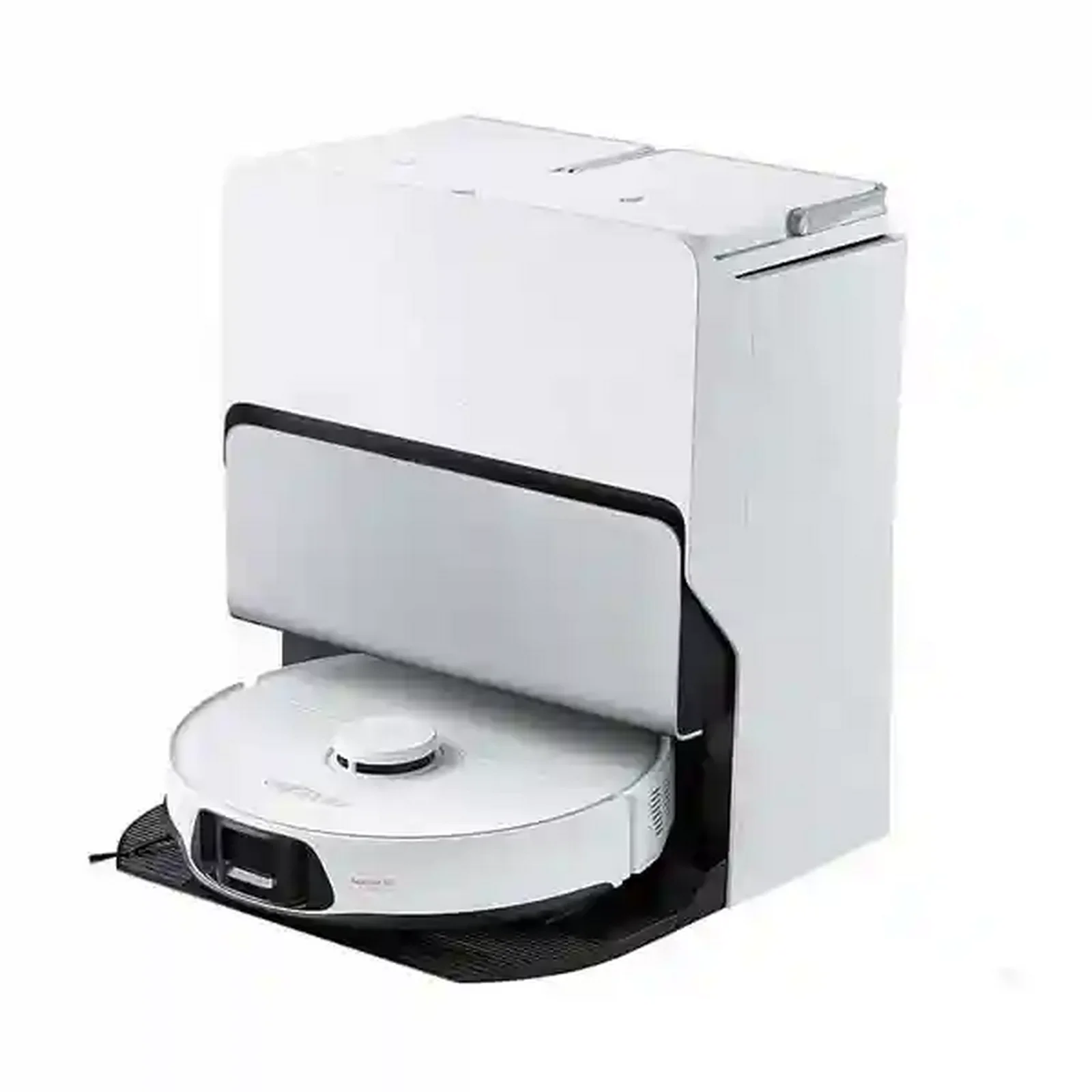Roborock S8 Max Ultra سفید با داک همهکاره جارو رباتیک سفید Roborock S8 Max Ultra جلوی ایستگاه RockDock