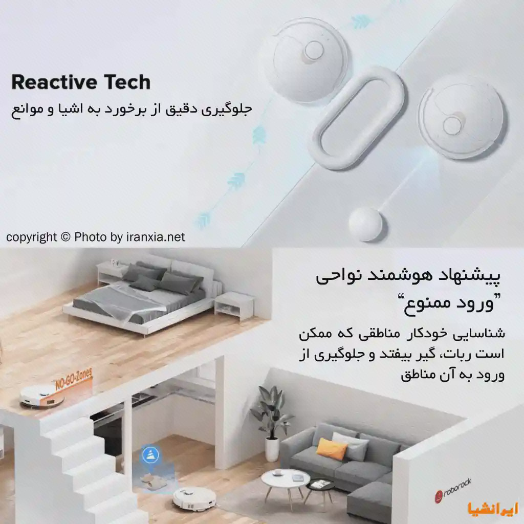 پوستر حسگر و محدودههای نظافت Q Revo پوستر Roborock Q Revo با تصاویر حسگر، موانع اتاق و محدودههای ممنوعه همراه نوشتههای فارسی