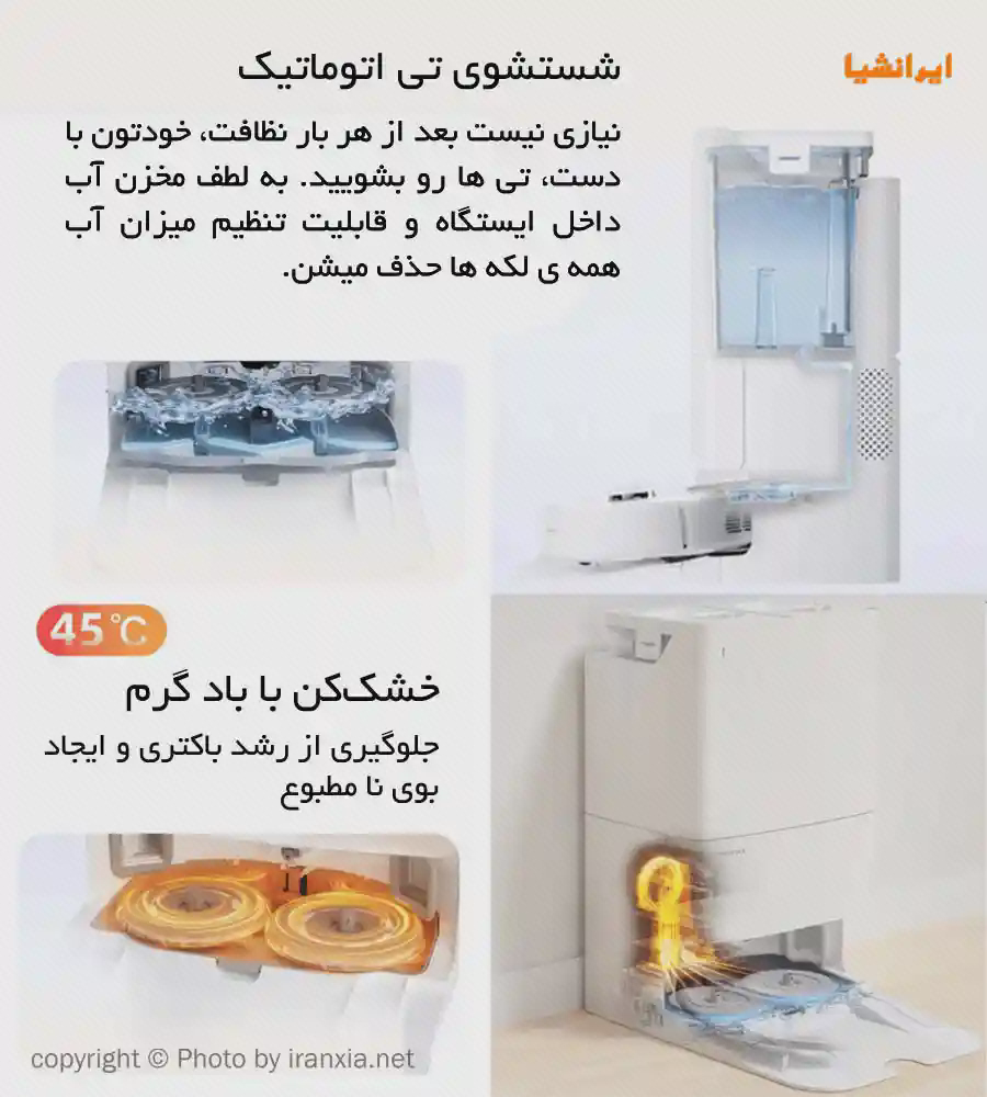پوستر شستوشوی تی ایستگاه Roborock Q Revo پوستر فارسی Roborock Q Revo با مخازن آبی و نمای برشخورده شستوشو و خشککردن پدهای تی