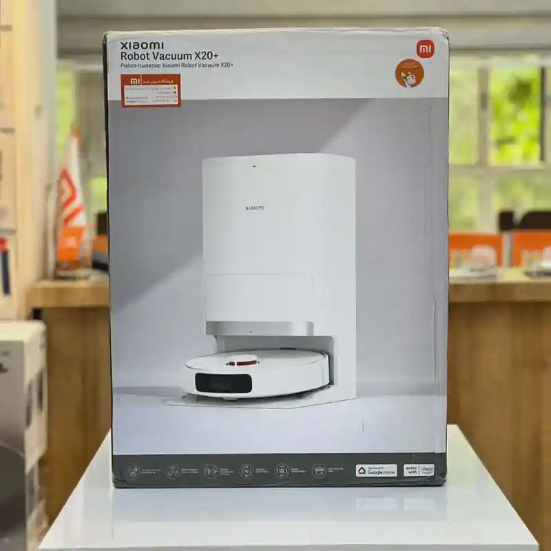 جعبه Xiaomi Robot Vacuum X20 Plus با تصویر ربات و ایستگاه سفید