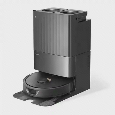 Roborock Q Revo مشکی با داک چندکاره جارو رباتیک مشکی Roborock Q Revo جلوی ایستگاه با دو مخزن بالایی