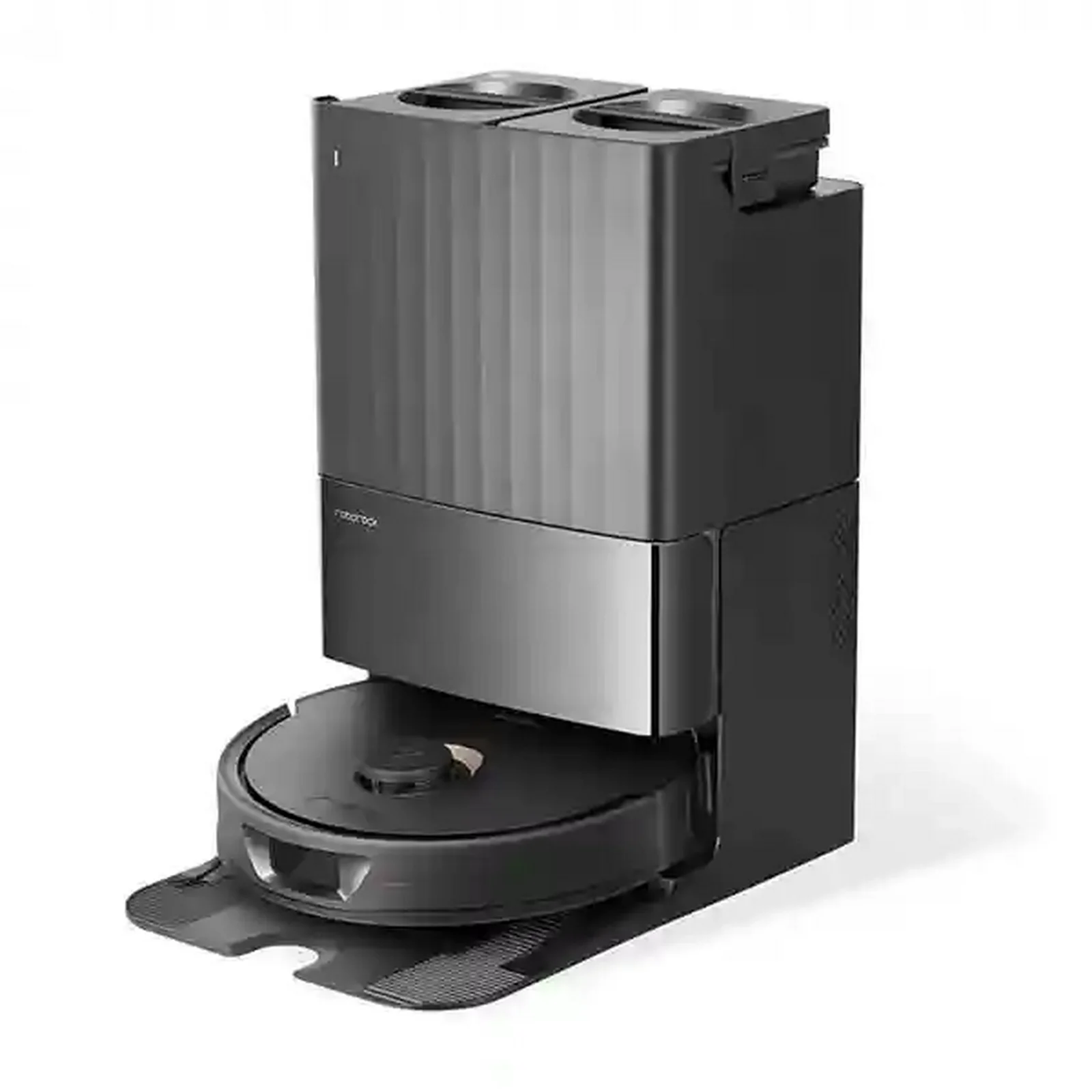 جارو رباتیک مشکی Roborock Q Revo جلوی ایستگاه با دو مخزن بالایی