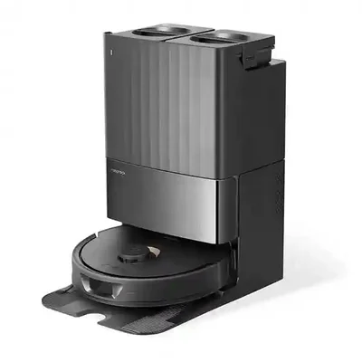 Roborock Q Revo مشکی با داک چندکاره جارو رباتیک مشکی Roborock Q Revo جلوی ایستگاه با دو مخزن بالایی