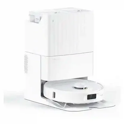 Roborock Q Revo MaxV سفید با داک از نمای سهرخ جارو رباتیک سفید Roborock Q Revo MaxV جلوی ایستگاه چندکاره