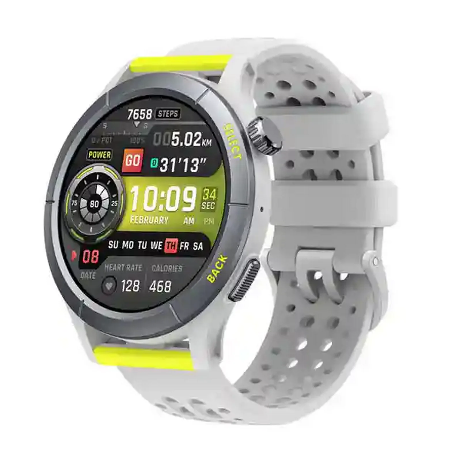 نمای اصلی Amazfit Cheetah Round ساعت هوشمند Amazfit Cheetah Round خاکستری با بند سوراخدار و جزئیات فسفری