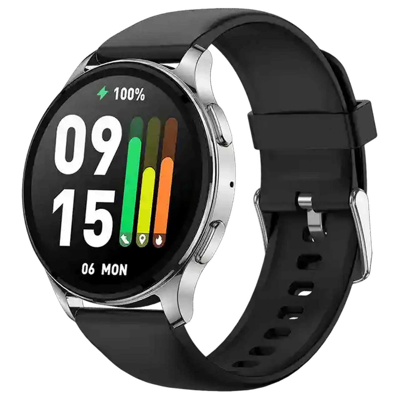 نمای اصلی ساعت Amazfit Pop 3R ساعت هوشمند Amazfit Pop 3R نقرهای با بند سیلیکونی مشکی